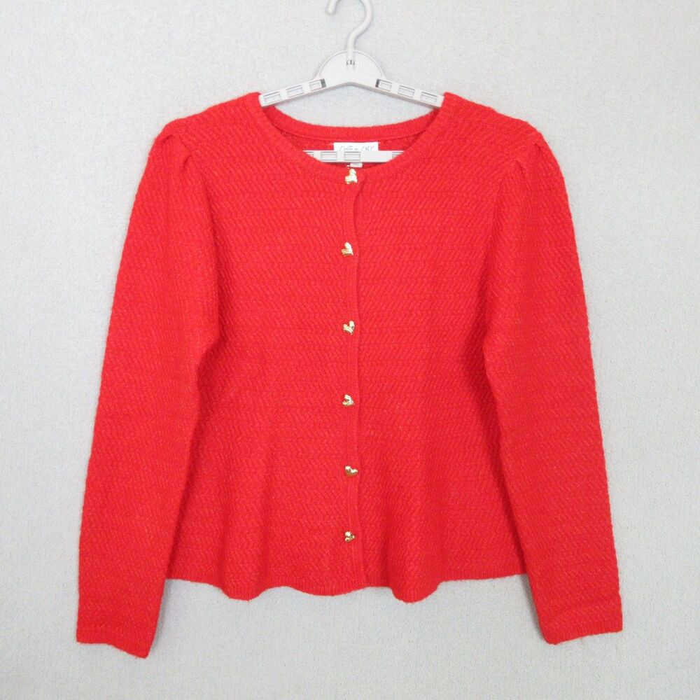 SHE+SKY Cardigan Womens L‎ Red Heart Button Textured Knit Long Sleeve Peplum Hem